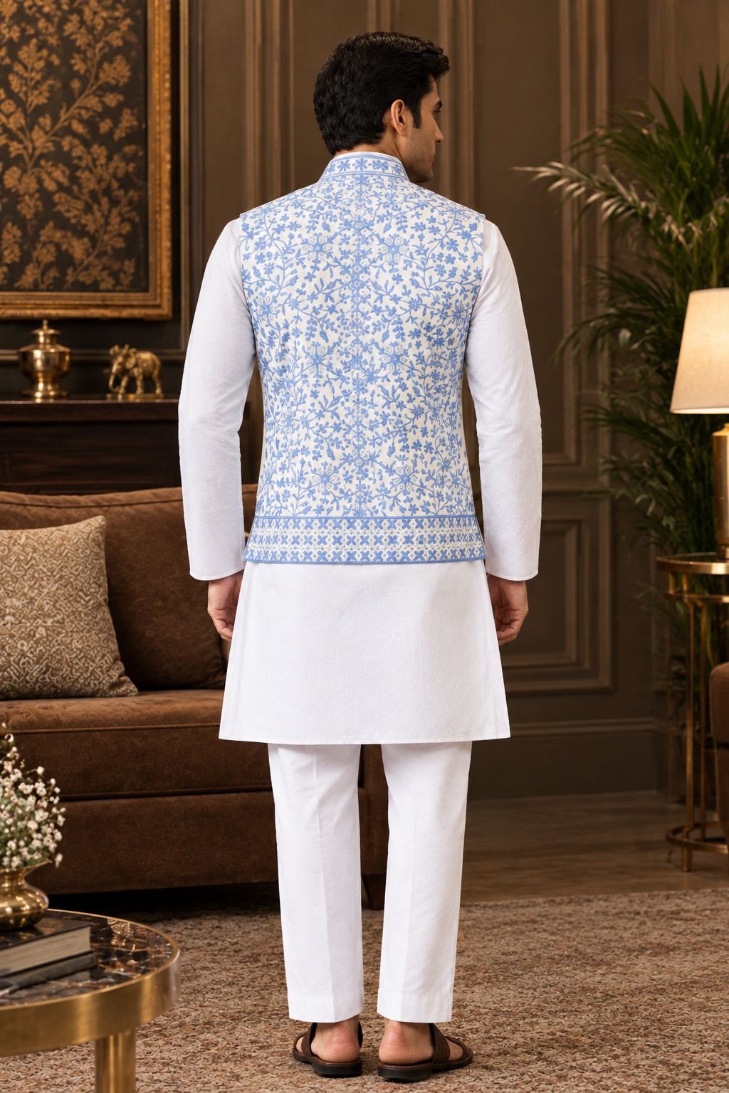 Wedding Blue Koti with White Kurta Pajama Set