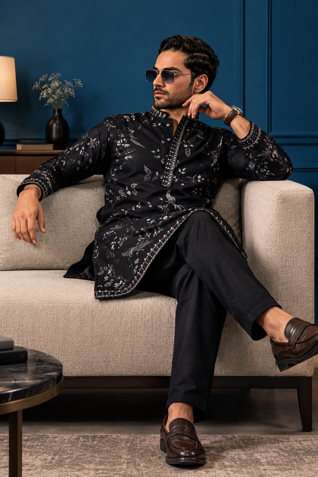 Magic Black Embroidered Stylish Kurta Set for Mens Wear