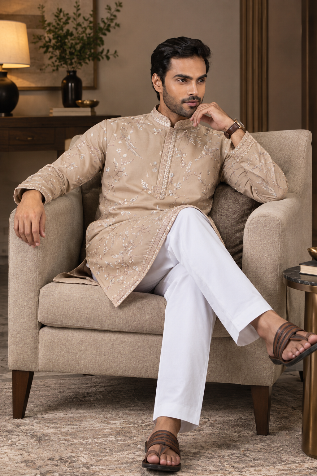 Elegant Beige Embroidered Viscose Silk Kurta for Mens