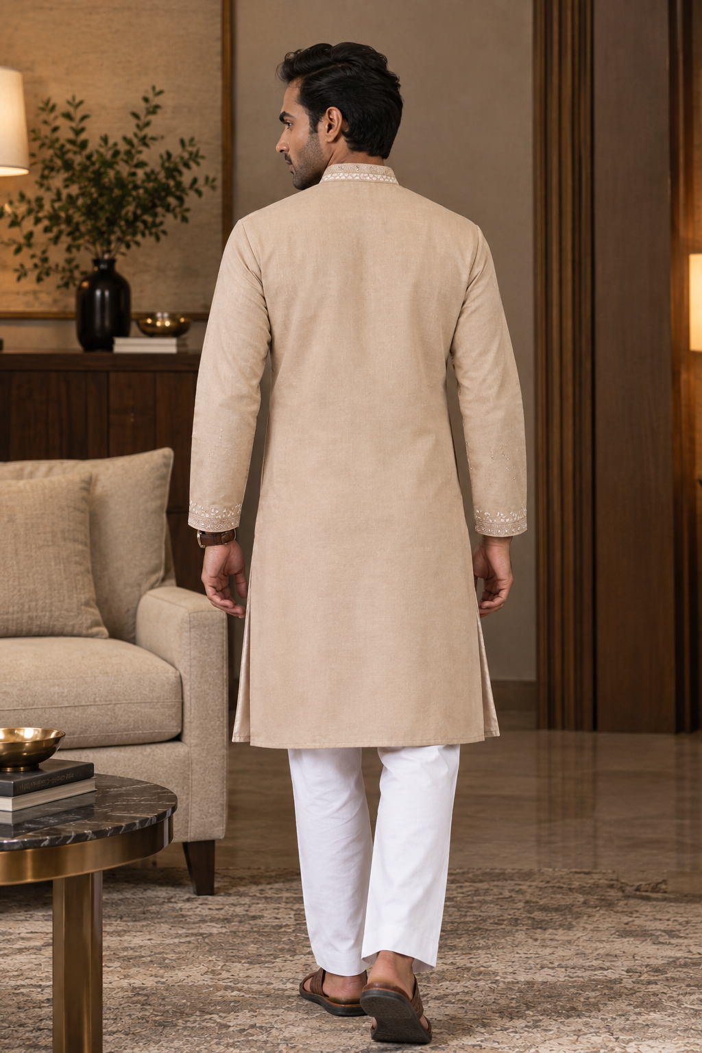Elegant Beige Embroidered Viscose Silk Kurta for Mens