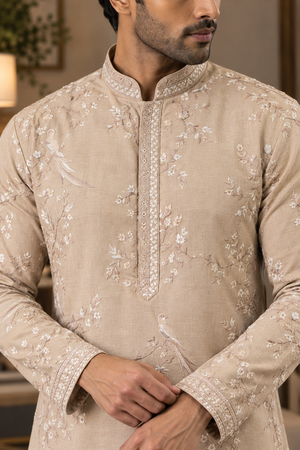 Elegant Beige Embroidered Viscose Silk Kurta for Mens
