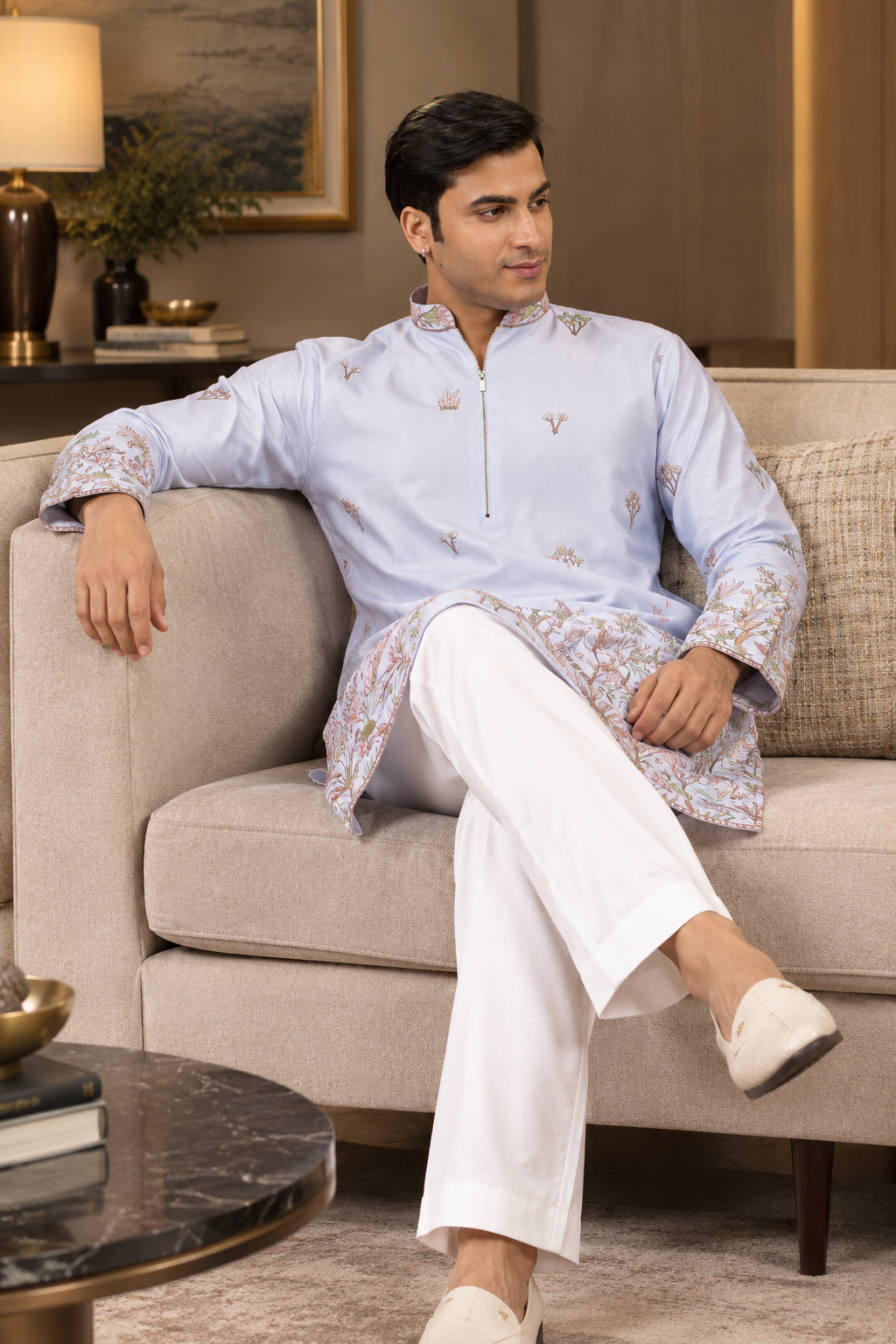 Light Blue Art Silk Sequins Embroidered Men's Kurta for weddings