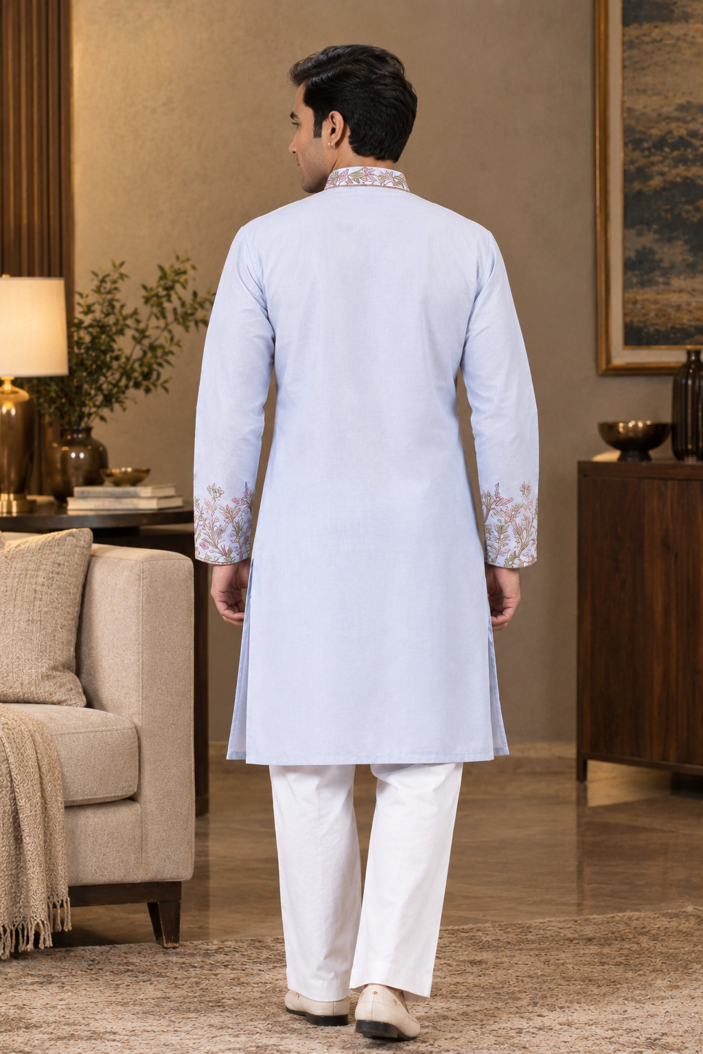 Light Blue Art Silk Sequins Embroidered Men's Kurta for weddings