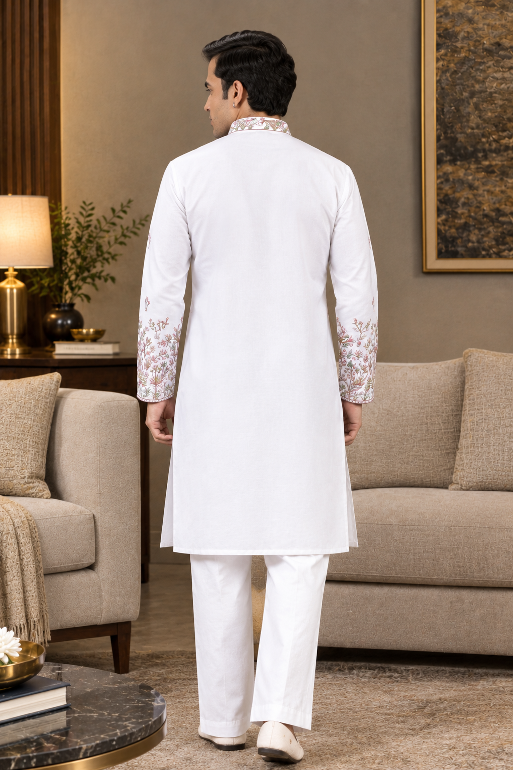 White Art Silk Sequins Embroidered Men's Kurta for weddings