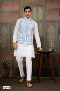 Wedding Blue Koti with White Kurta Pajama Set