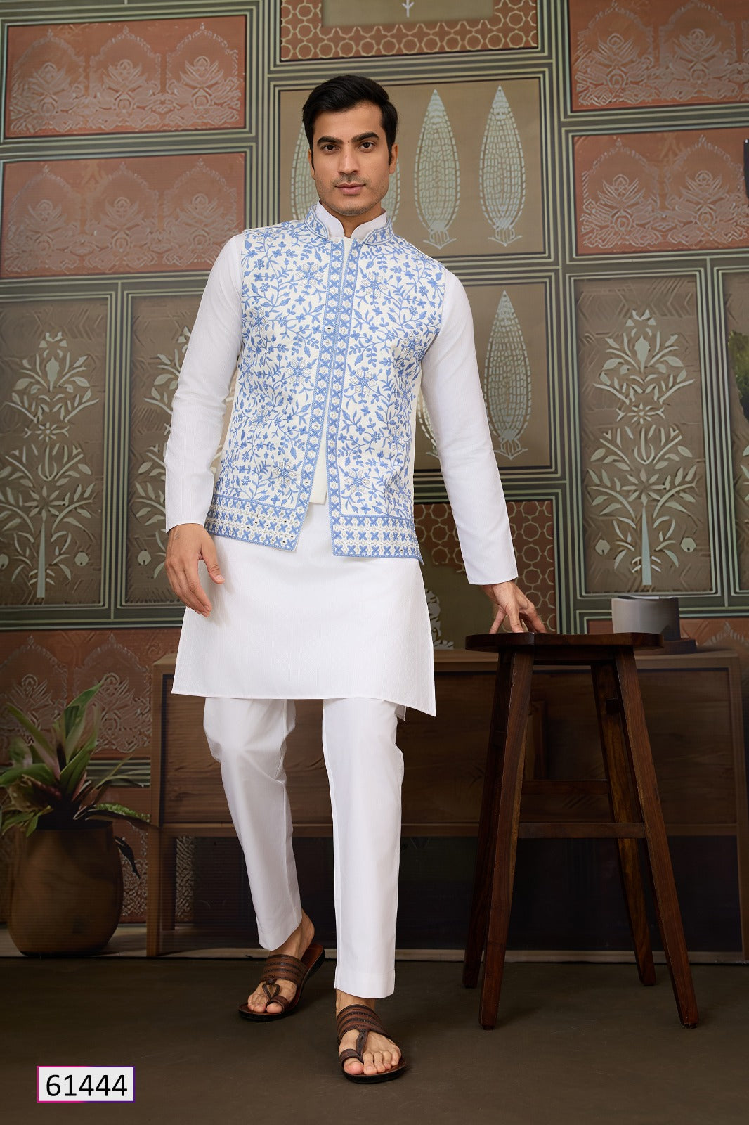 Wedding Blue Koti with White Kurta Pajama Set