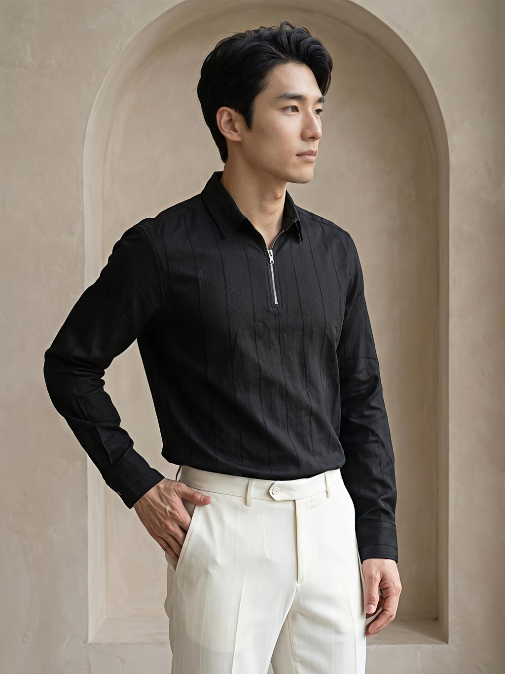 Black Zipper Polo Neck Shirt