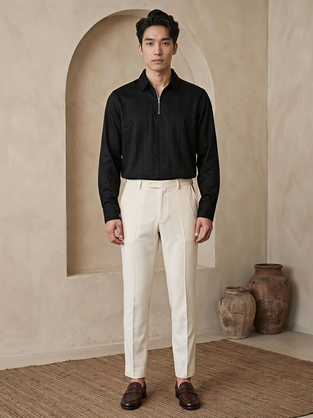 Black Zipper Polo Neck Shirt