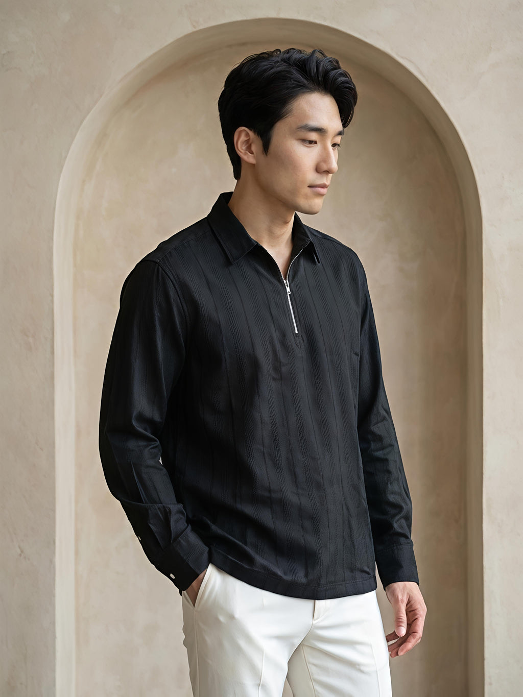 Black Zipper Polo Neck Shirt