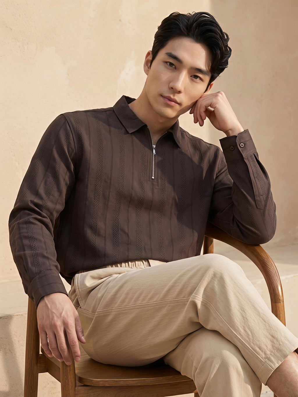 Brown Zipper Polo Neck Shirt
