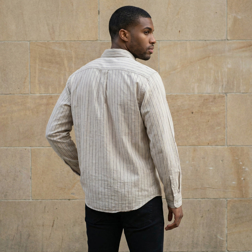 Black Stripes Linen Khadi Mandarin Collar Shirt