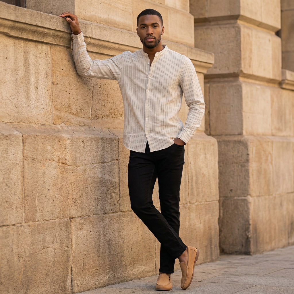 Black Stripes Linen Khadi Mandarin Collar Shirt
