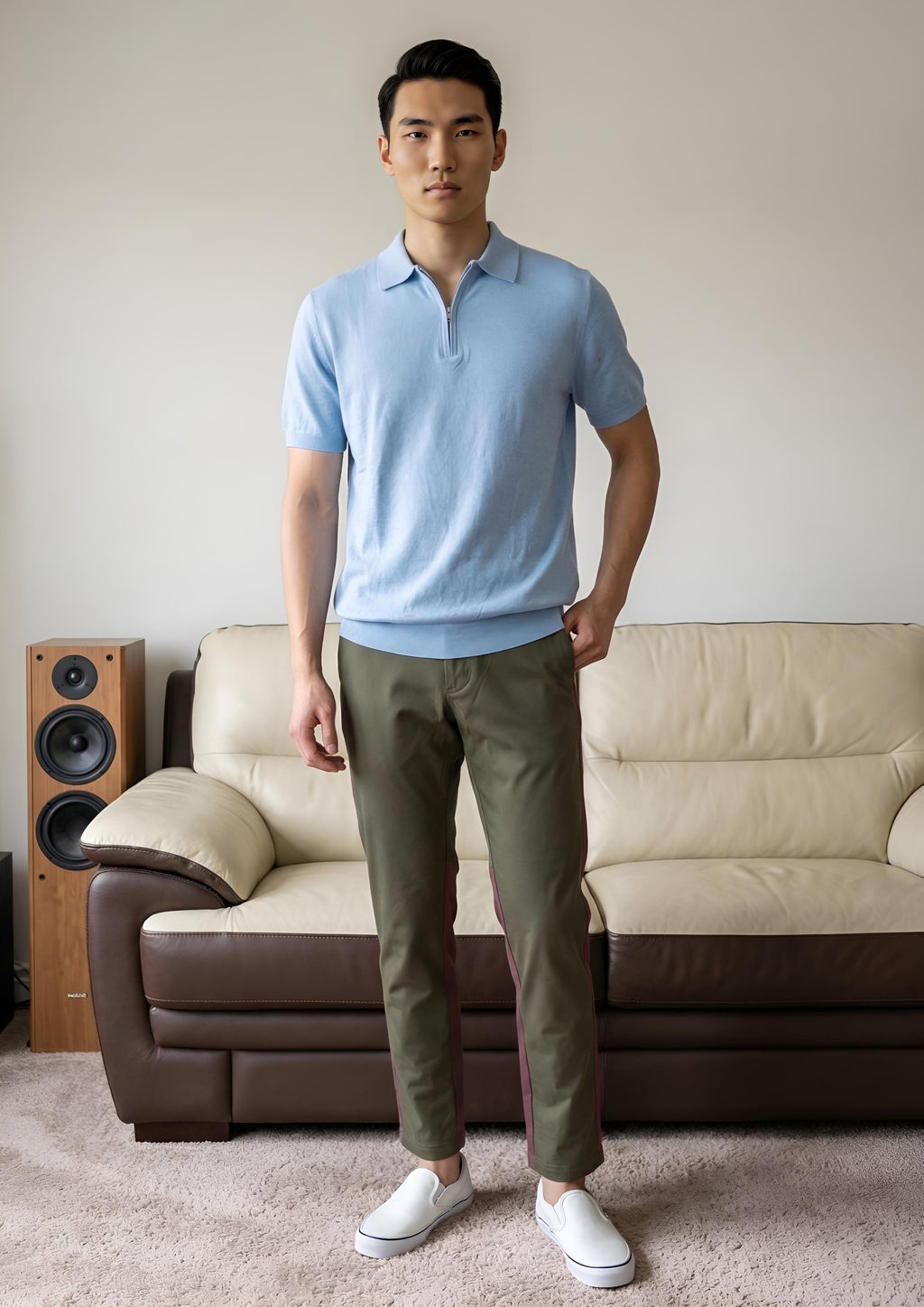 Powder Blue Polo Zipper Half T-Shirt