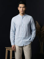 Powder Blue Linen Mandarin Collar Shirt