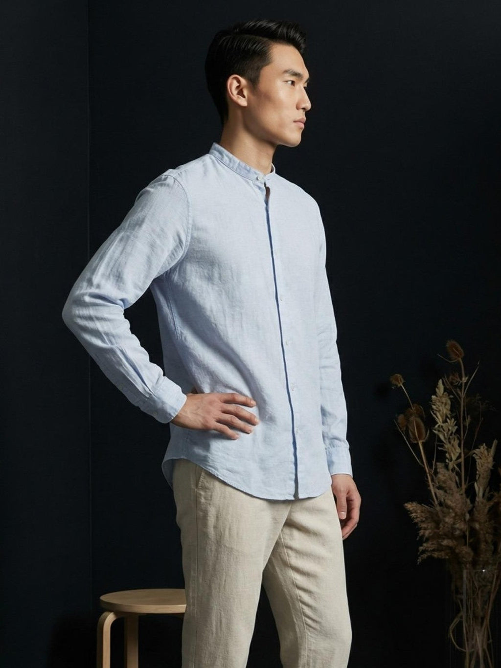 Powder Blue Linen Mandarin Collar Shirt